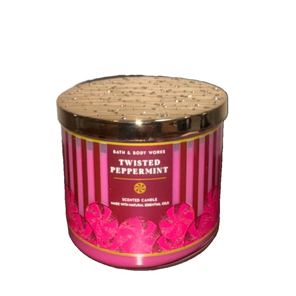Bath Body Works Twisted Peppermint 3 Wick Scented Candle 14.5 Oz Gold Lid